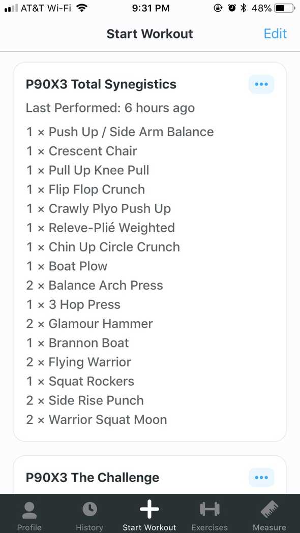 Screenshot of P90X3 Total Synergistics routine in Strong app